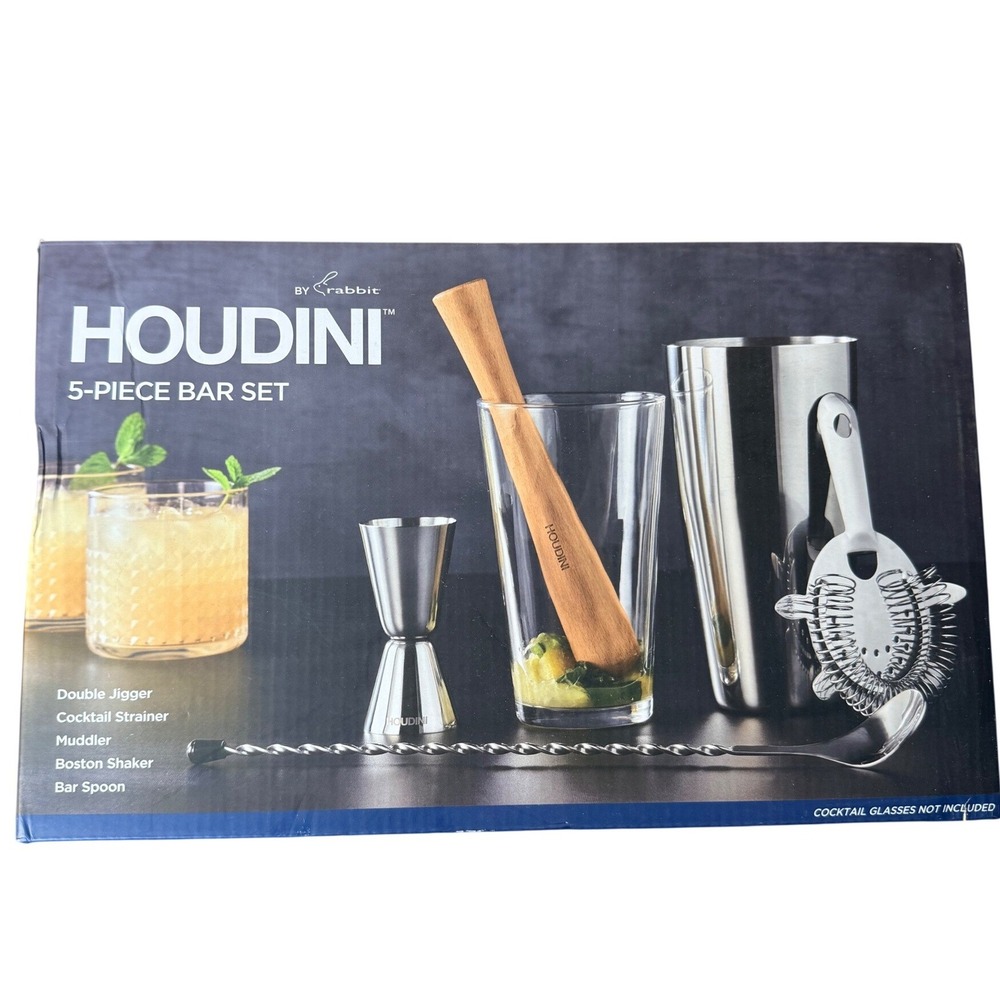 Houdini by Rabbit 5-Piece Bar Set Stainless Steel Boston Shaker Jigger Muddler